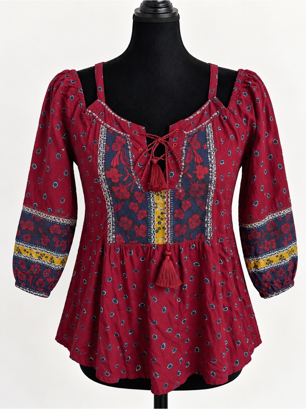 Abercrombie & Fitch Red Boho Lace-Up Peasant Tunic with Navy and Yellow Accents